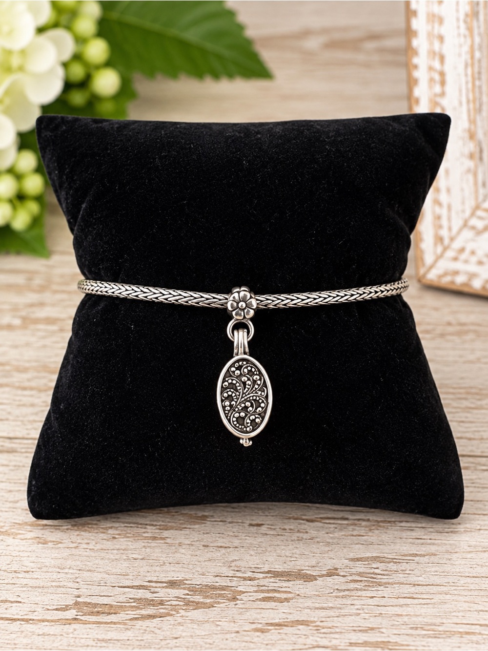 Lois Hill Sterling Silver Locket Charm Toggle Bracelet 925 Filigree Wheat Chain